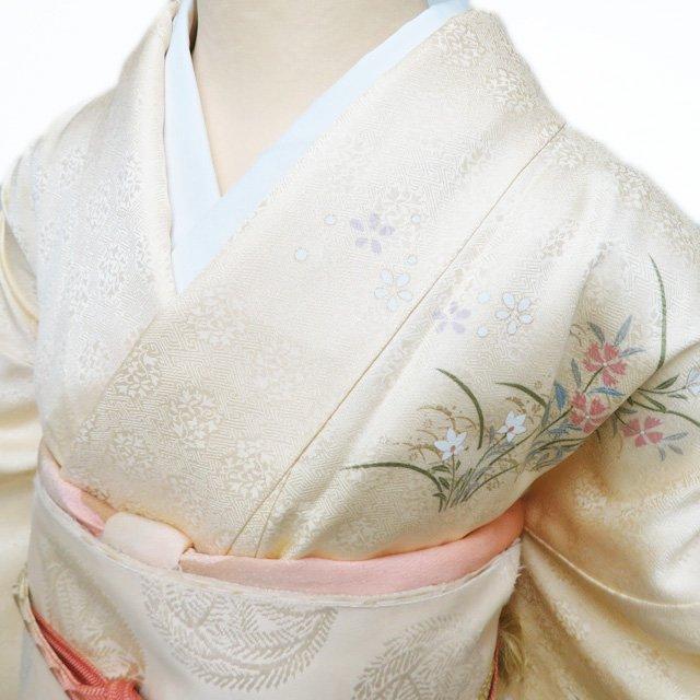 付下げ 付け下げ 訪問着 着物 中古 正絹 袷 フォーマル 刺繍 花の図 暈し 浅紫色 身丈163cm 裄66cm L きもの北條 A1302-2 付下げ 付け下げ 訪問着 着物 中古 正絹 袷 花の図 扇子 地模様 薄卵色