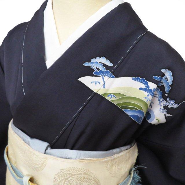 特選 訪問着 着物 中古 正絹 袷 紋付 古田芳彩作 人間国宝 木村雨山画 落款 風景 紫黒色 多色 身丈162cm 裄65.5cm M きもの北條 A1328-9の画像
