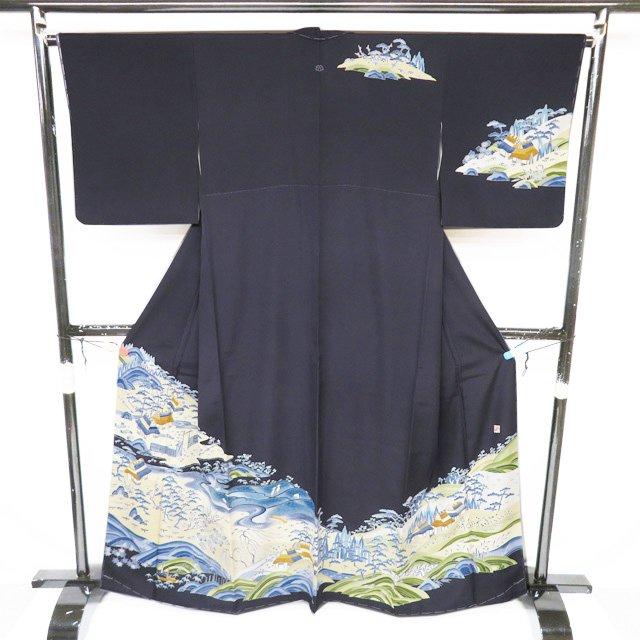 特選 訪問着 着物 中古 正絹 袷 紋付 古田芳彩作 人間国宝 木村雨山画 落款 風景 紫黒色 多色 身丈162cm 裄65.5cm M きもの北條 A1328-9の画像