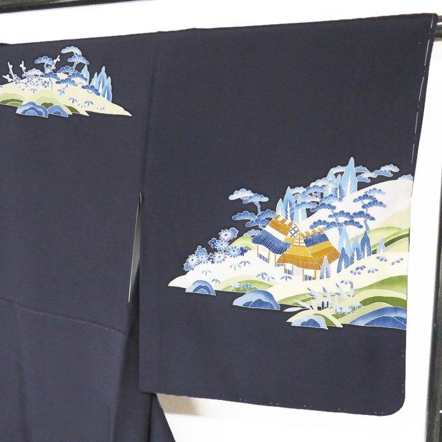 特選 訪問着 着物 中古 正絹 袷 紋付 古田芳彩作 人間国宝 木村雨山画 落款 風景 紫黒色 多色 身丈162cm 裄65.5cm M きもの北條 A1328-9の画像