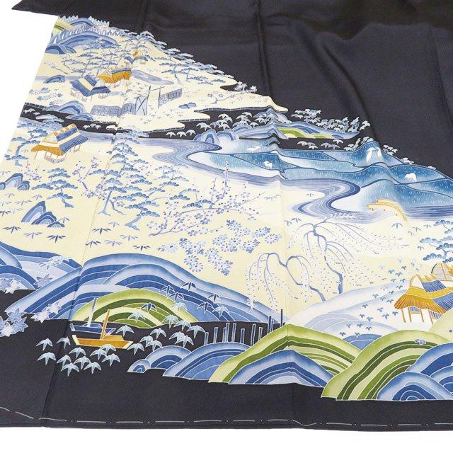 特選 訪問着 着物 中古 正絹 袷 紋付 古田芳彩作 人間国宝 木村雨山画 落款 風景 紫黒色 多色 身丈162cm 裄65.5cm M きもの北條 A1328-9の画像