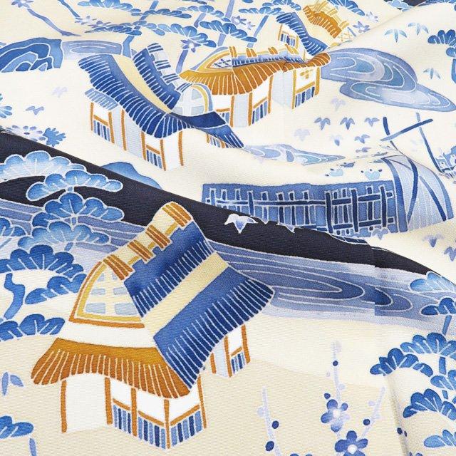 特選 訪問着 着物 中古 正絹 袷 紋付 古田芳彩作 人間国宝 木村雨山画 落款 風景 紫黒色 多色 身丈162cm 裄65.5cm M きもの北條 A1328-9の画像