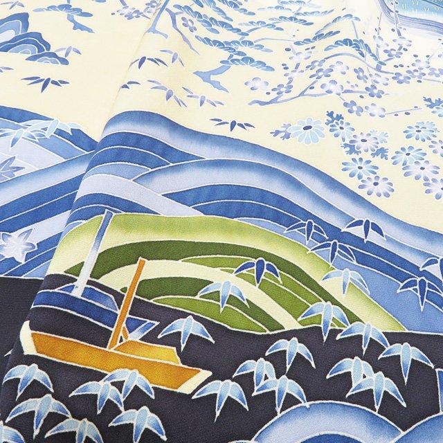 特選 訪問着 着物 中古 正絹 袷 紋付 古田芳彩作 人間国宝 木村雨山画 落款 風景 紫黒色 多色 身丈162cm 裄65.5cm M きもの北條 A1328-9の画像