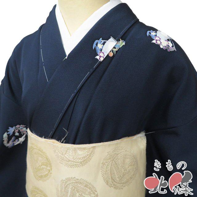 小紋 着物 未使用 正絹 袷 カジュアル 花鳥文様 反端付き 濃紺色 多色 