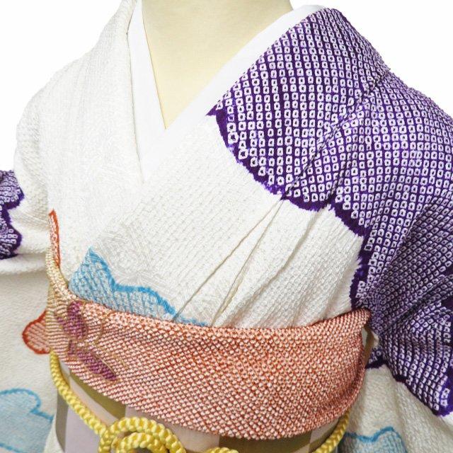 特選 振袖 着物 中古 正絹 成人式 結婚式 結納 きぬたや 絞り オフホワイト 多色 身丈170.5cm 裄65cm L トール きもの北條 A1332-2の画像