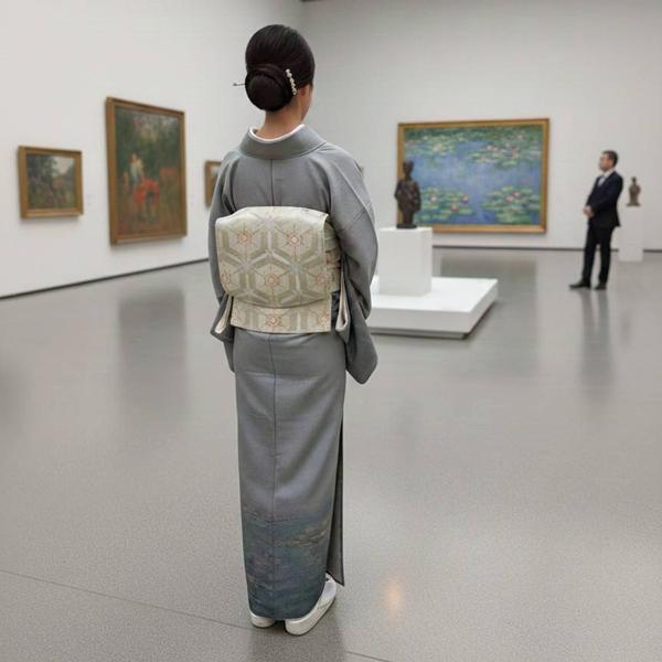 特選 訪問着 お召し 御召 着物 中古 袷 とみや織物 七代目 伊兵衛 モネ 睡蓮 反端付き 銀鼠色 身丈161cm 裄65cm M きもの北條 A1336-7の画像