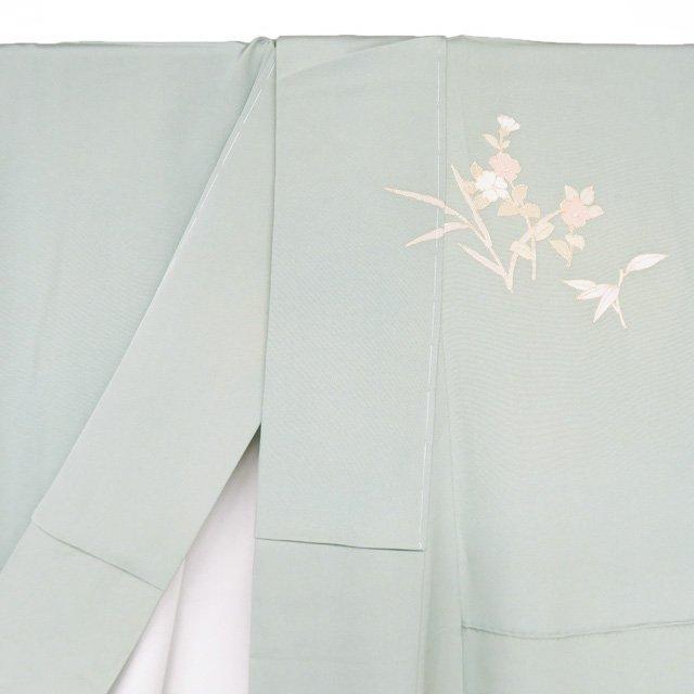 訪問着 着物 未使用 正絹 袷 フォーマル 落款 金駒刺繍 流水に花 桜 柳鼠色 多色 金 身丈155.5cm 裄63.5cm SA きもの北條 A1341-12の画像