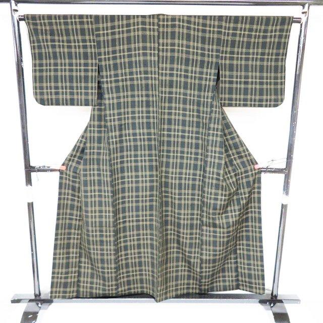 特選 紬 着物 中古 正絹 単衣 カジュアル 伊兵衛織 格子模様 柳煤竹色 枯色 身丈155.5cm 裄64.5cm SA きもの北條 A1341-5の画像