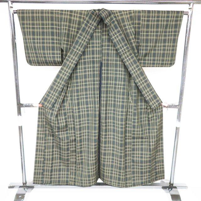 特選 紬 着物 中古 正絹 単衣 カジュアル 伊兵衛織 格子模様 柳煤竹色 枯色 身丈155.5cm 裄64.5cm SA きもの北條 A1341-5の画像