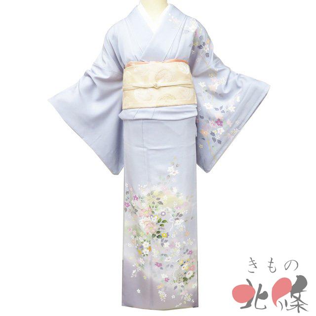 特選 訪問着 着物 未使用 袷 正絹 フォーマル 花の図 雪輪 薄い青系色 多色 金 身丈168.5cm 裄68cm L トール きもの北條 A1342-10