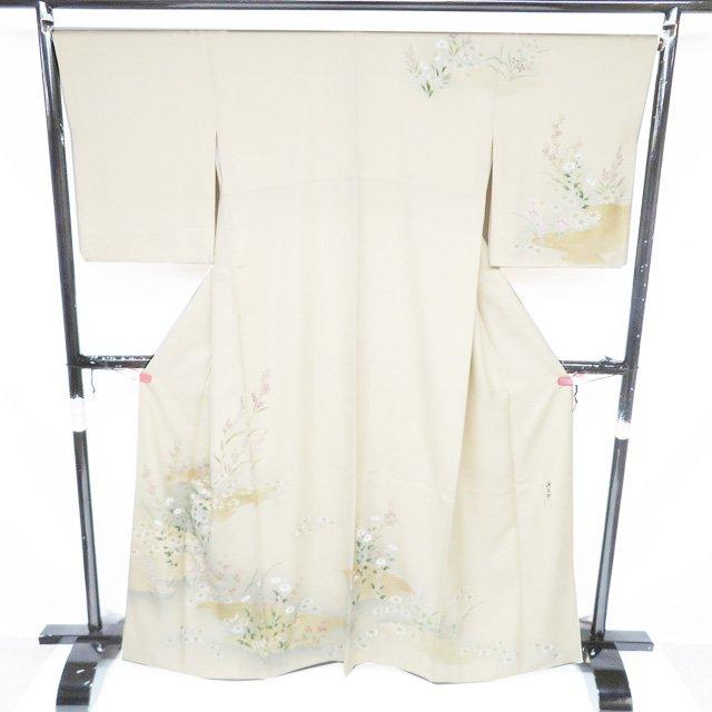 訪問着 着物 中古 袷 正絹 フォーマル 作家物 落款 花の図 淡黄蘗色 多色 金 身丈164.5cm 裄67cm L きもの北條 A1342-3の画像