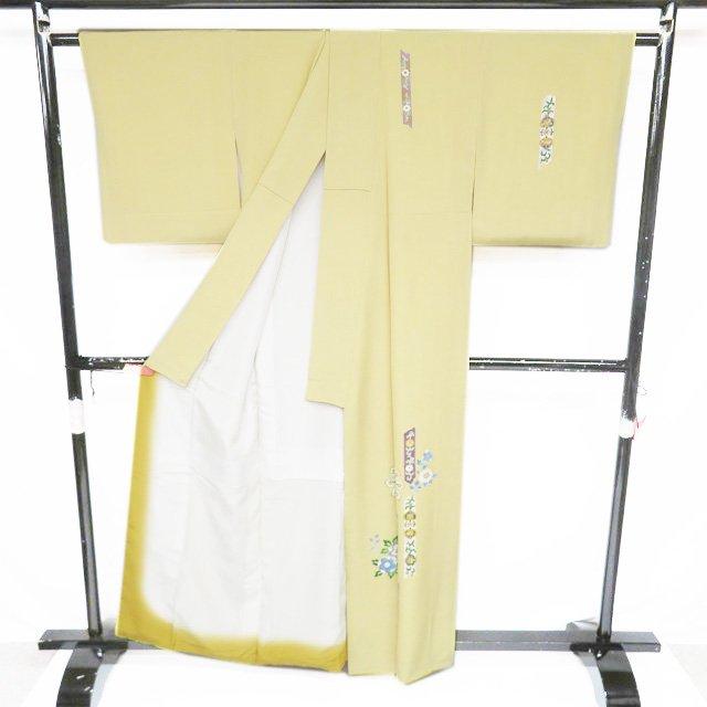 特選 付下げ 付け下げ 訪問着 着物 中古 袷 正絹 加賀友禅 押田正一郎 花の図 淡黄色 多色 身丈161.5cm 裄65.5cm M きもの北條 A1342-4の画像