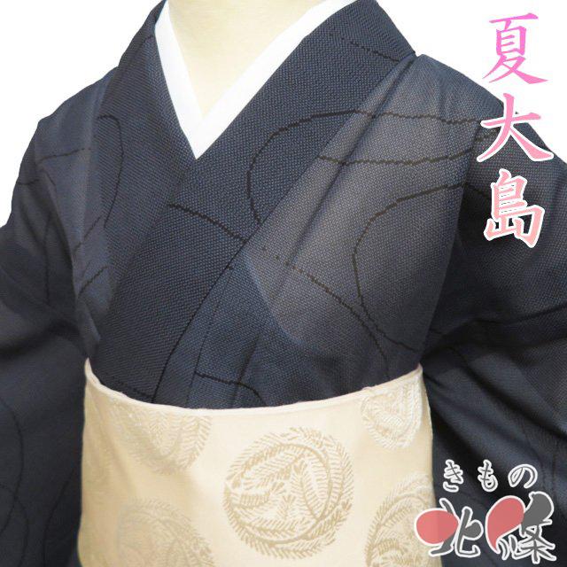 夏物 夏着物 夏大島 大島紬 着物 中古 正絹 カジュアル 曲線模様 褐色