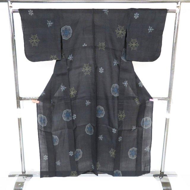 特選 夏物 宮古上布 夏着物 着物 中古 苧麻 カジュアル 雪花模様 濃紺色 身丈157cm 裄62cm M きもの北條 A1347-5の画像