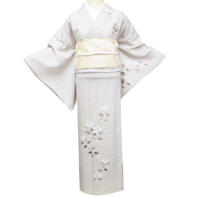 特選 夏物 付け下げ 付下げ 訪問着 着物 未使用 正絹 絽 花の図 紫陽花 反端付き 砂色 身丈165.5cm 裄67cm L トール きもの北條 A1354-12の画像