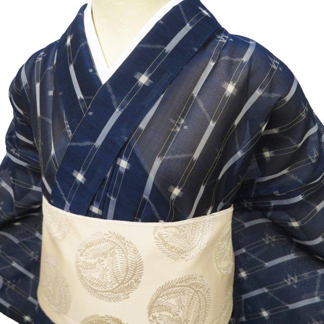 夏物 夏着物 琉球壁上布 着物 中古 正絹 カジュアル 絣模様 濃紺色 身丈167cm 裄67.5cm L トール ワイド きもの北條 A1354-4の画像