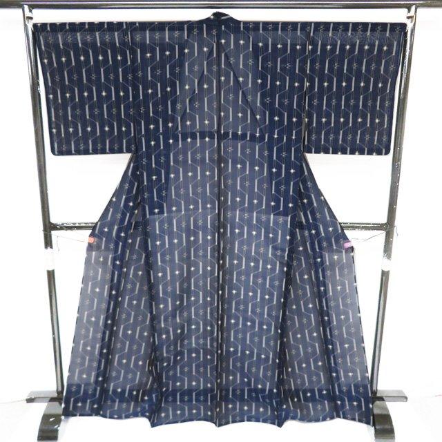 夏物 夏着物 琉球壁上布 着物 中古 正絹 カジュアル 絣模様 濃紺色 身丈167cm 裄67.5cm L トール ワイド きもの北條 A1354-4の画像