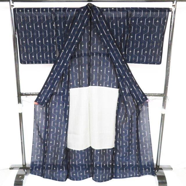 夏物 夏着物 琉球壁上布 着物 中古 正絹 カジュアル 絣模様 濃紺色 身丈167cm 裄67.5cm L トール ワイド きもの北條 A1354-4の画像