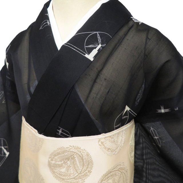 特選 夏物 夏着物 夏芭蕉 絹芭蕉 着物 未使用 正絹 カジュアル ラベル付き 糸巻模様 黒色 身丈165cm 裄64cm L トール きもの北條 A1354-8の画像