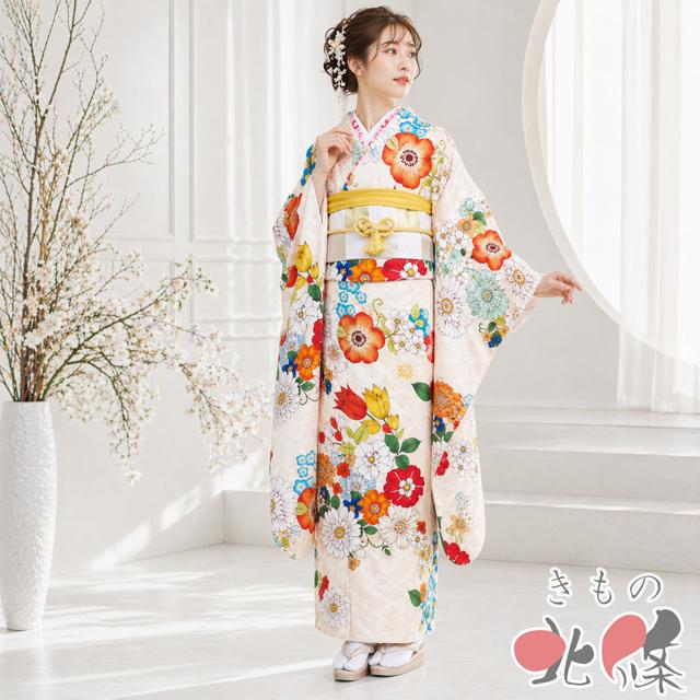 振袖 着物 中古 正絹 結婚式 結納 花の図 地模様 七宝文 薄卵色 多色 身丈172.5cm 裄68cm L トール きもの北條 A1355-3