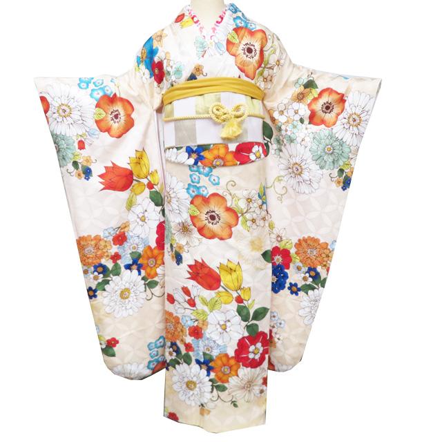 振袖 着物 中古 正絹 結婚式 結納 花の図 地模様 七宝文 薄卵色 多色 身丈172.5cm 裄68cm L トール きもの北條 A1355-3の画像