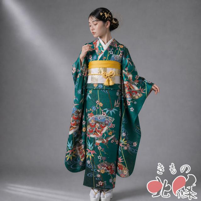 正絹 振袖 紺 金彩 古典花柄 成人式 結婚式 身丈160cm 裄64cm レディース