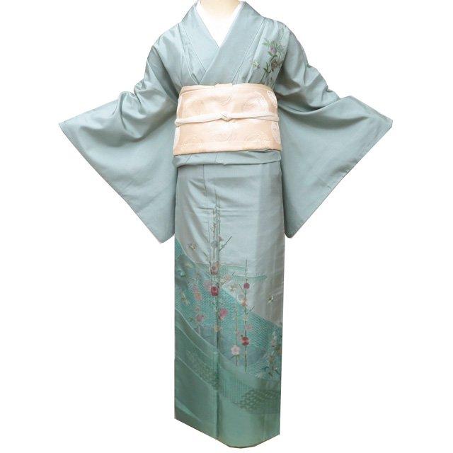 大島紬 着物 中古 袷 セミフォーマル 紋付 汕頭刺繍 スワトウ 花模様