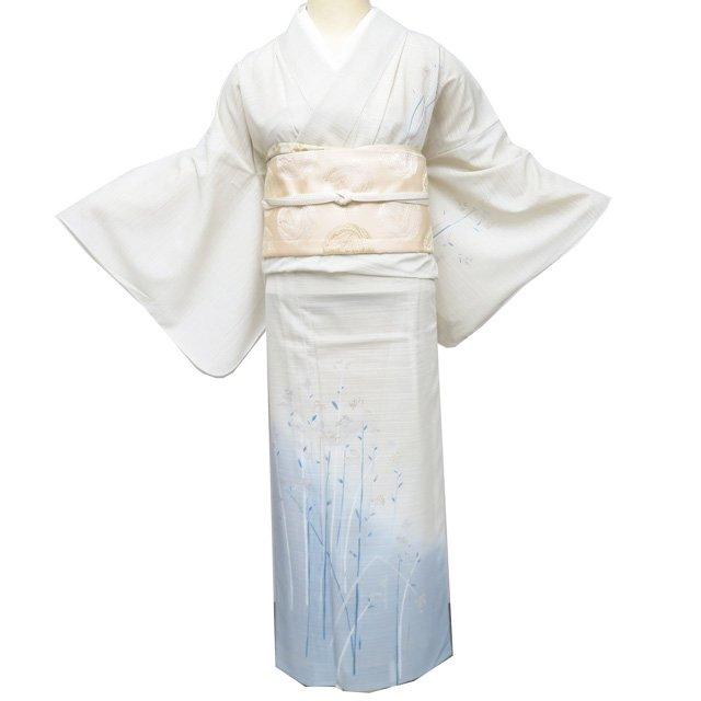 特選 夏物 付下げ 付け下げ 訪問着 着物 中古 洗える ポリ 絽 紋付 英 花の図 灰白色 多色 身丈159cm 裄66cm M ワイド きもの北條 A1357-2の画像