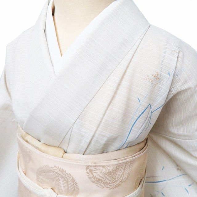 特選 夏物 付下げ 付け下げ 訪問着 着物 中古 洗える ポリ 絽 紋付 英 花の図 灰白色 多色 身丈159cm 裄66cm M ワイド きもの北條 A1357-2の画像