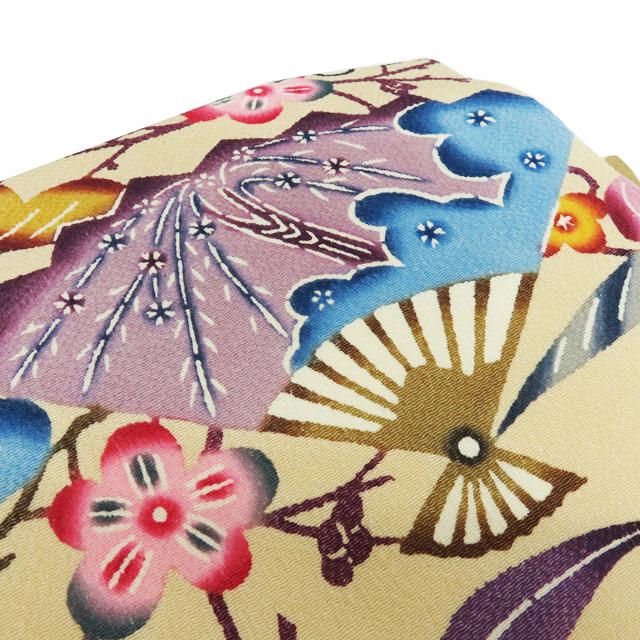 特選 作り帯 つけ帯 中古 リサイクル 仕立て上がり 越後屋 琉球紅型 玉那覇有公 扇子に松竹梅 縮緬地 薄香色 多色 きもの北條 A1359-10の画像