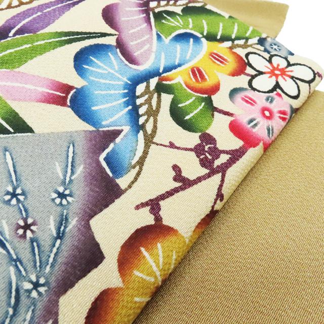 特選 作り帯 つけ帯 中古 リサイクル 仕立て上がり 越後屋 琉球紅型 玉那覇有公 扇子に松竹梅 縮緬地 薄香色 多色 きもの北條 A1359-10の画像