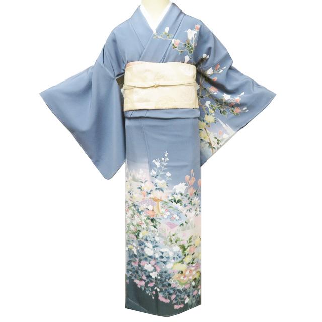訪問着 着物 未使用 正絹 袷 フォーマル 作家物 落款 花の図 灰みの青系色 多色 身丈153.5cm 裄65cm SA きもの北條 A1361-4の画像