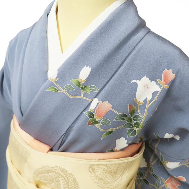 訪問着 着物 未使用 正絹 袷 フォーマル 作家物 落款 花の図 灰みの青系色 多色 身丈153.5cm 裄65cm SA きもの北條 A1361-4の画像