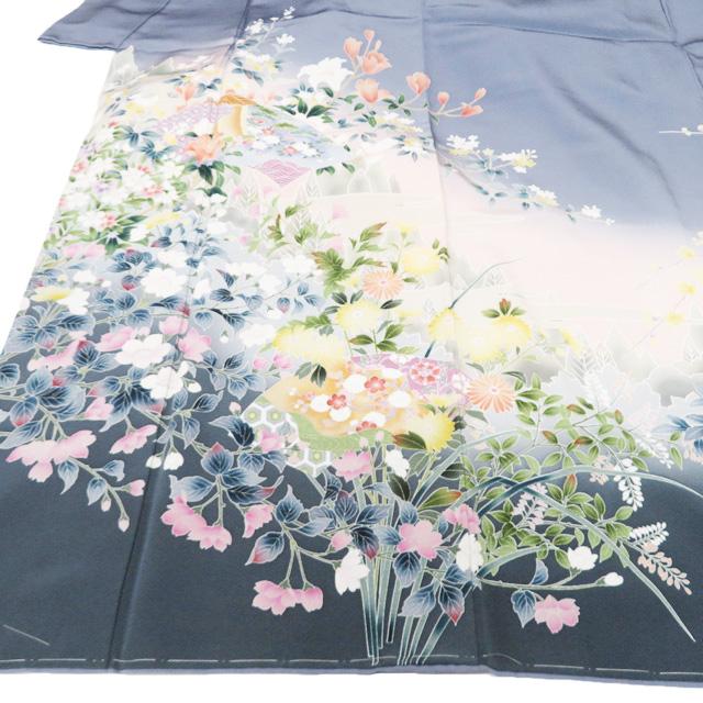 訪問着 着物 未使用 正絹 袷 フォーマル 作家物 落款 花の図 灰みの青系色 多色 身丈153.5cm 裄65cm SA きもの北條 A1361-4の画像