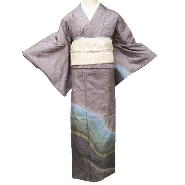 大島紬 着物 未使用 正絹 袷 セミフォーマル 波を思わせる抽象模様 銀