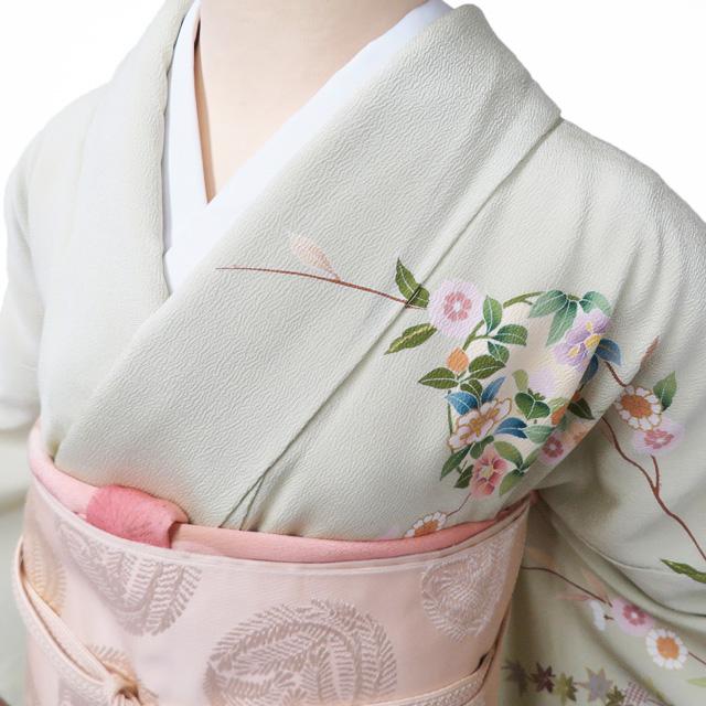特選 訪問着 着物 中古 正絹 袷 フォーマル 金駒刺繍 花の図 若芽色 多 