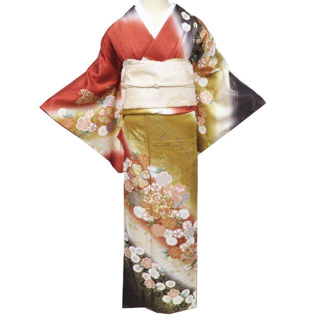 訪問着 着物 未使用 正絹 袷 金駒刺繍 花の図 地模様 紗彩型 黄橡色