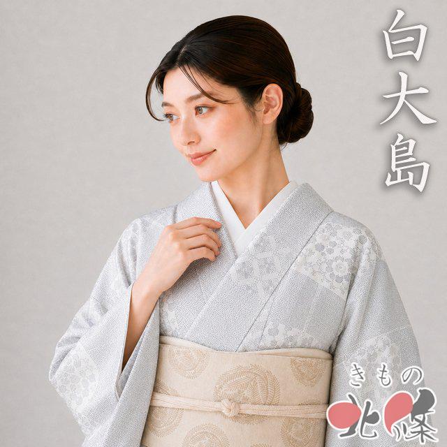 大島紬 白大島 着物 未使用 正絹 袷 カジュアル 花模様 オフホワイト 