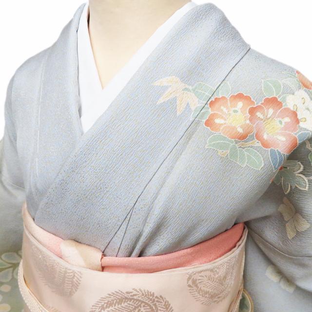 訪問着 着物 未使用 正絹 袷 金駒刺繍 花の図 暈し 青磁鼠色 黄系色 多 