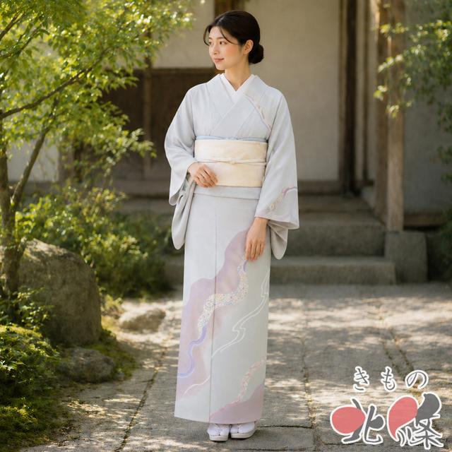 訪問着 着物 未使用 正絹 袷 金駒刺繍 花紋 華文 波文 反端付き 灰みの 