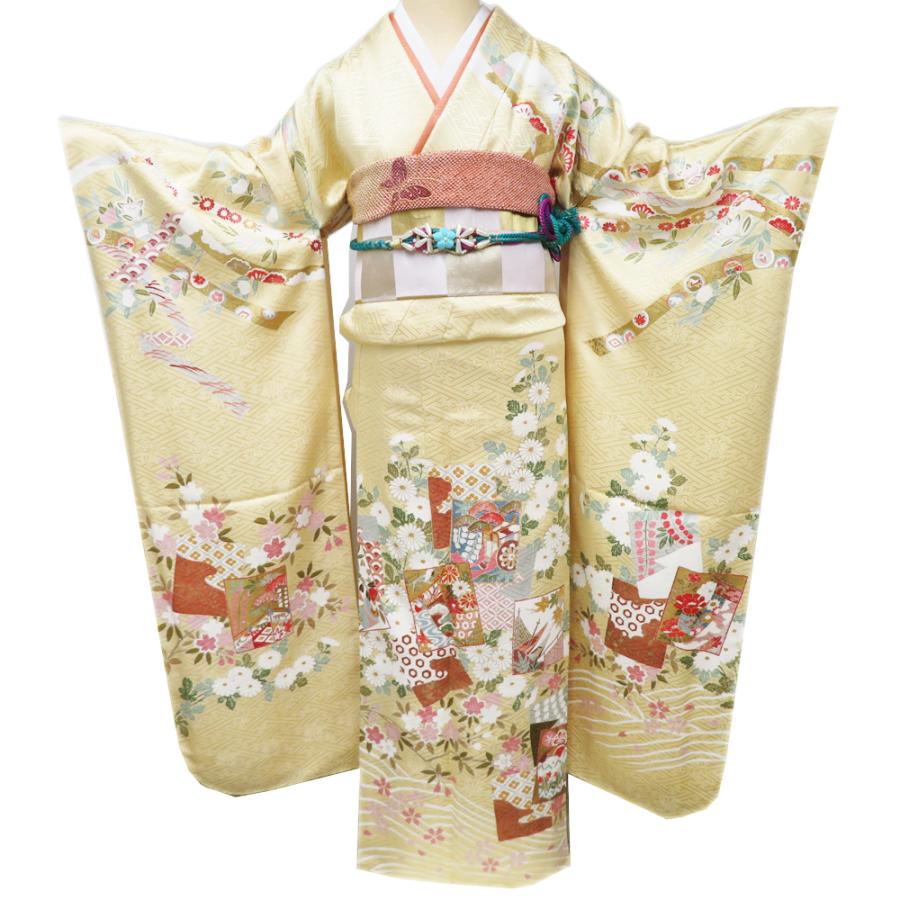 振袖 着物 中古 成人式 結婚式 正絹 金駒刺繍 花の図 色紙 地模様 淡 