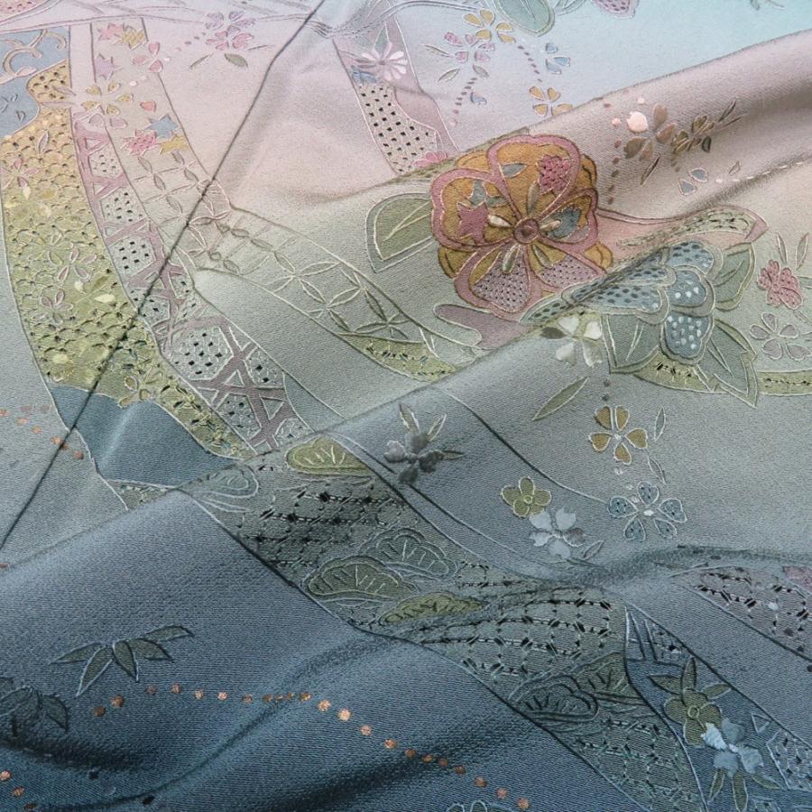 付下げ 付け下げ 訪問着 着物 中古 正絹 袷 紋付 汕頭刺繍 中国刺繍 暈