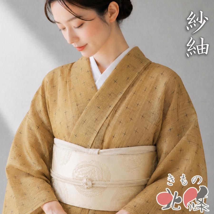 夏物 夏着物 小紋 着物 未使用 正絹 紗紬 絹絣 絹琉球 根広織物 ラベル 