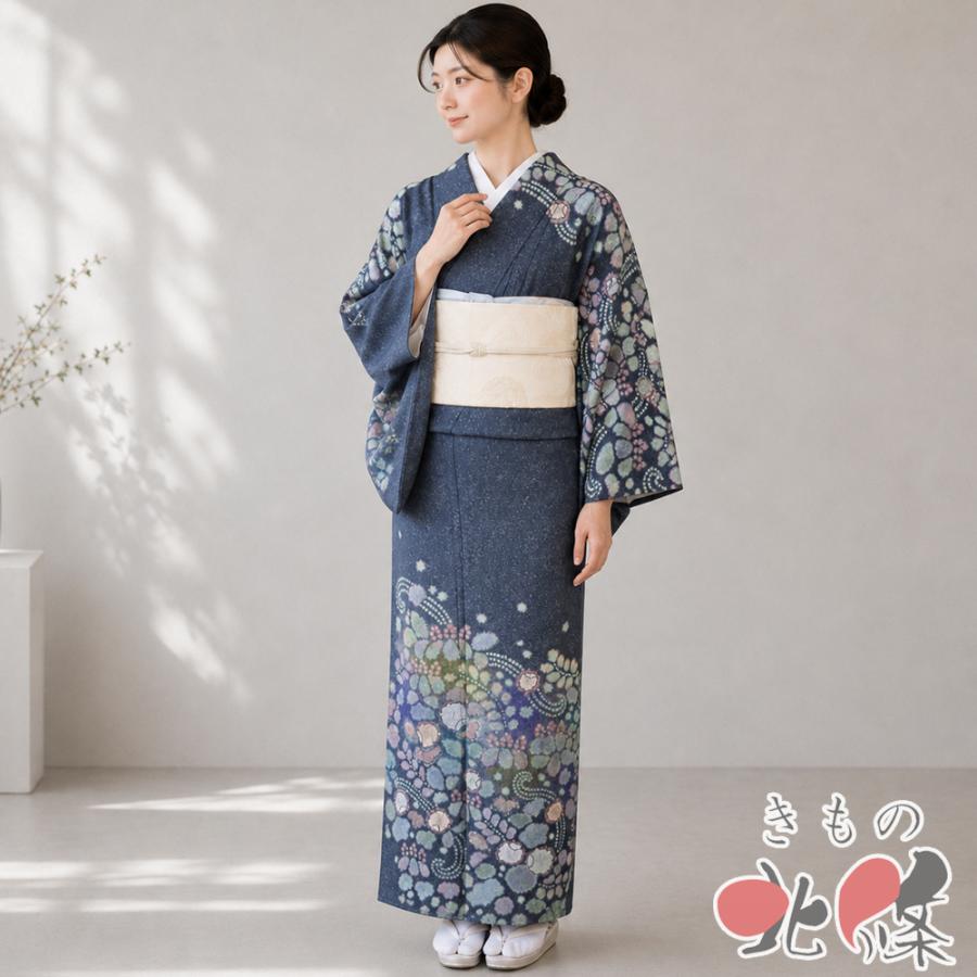 訪問着 着物 中古 正絹 袷 フォーマル 辻が花模様 青鈍色 多色 身丈 