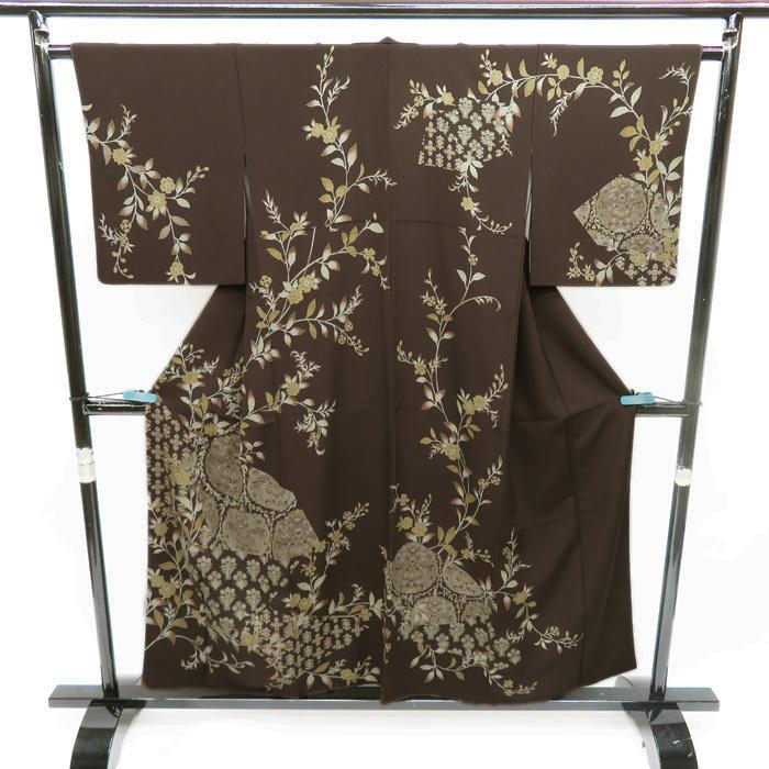 更紗調の植物模様 焦げ茶 訪問着 A400-6 SA 【】