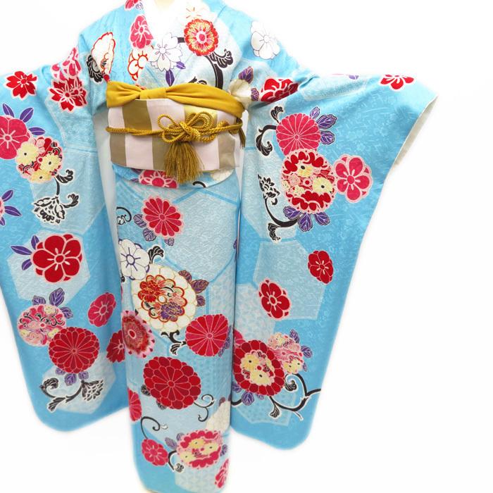 ☆きもの北條☆ 振袖 正絹 亀甲取りに花 金駒刺繍 成人式 結婚式 結納 