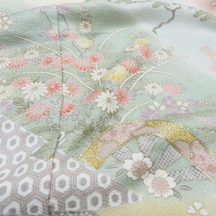 ☆きもの北條☆ 仮絵羽 片輪車に花の図 淑やかな和の装いに 練色 訪問 