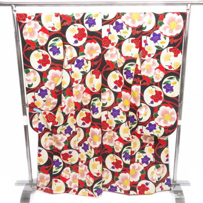 ☆きもの北條☆ きもの道楽 振袖 ポリエステル 丸文に花模様 成人式  