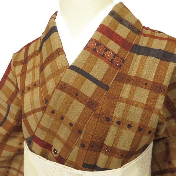 紬 ☆きもの北條☆ 特選 紬地 格子模様 カジュアルな装いに 茶系色 ...
