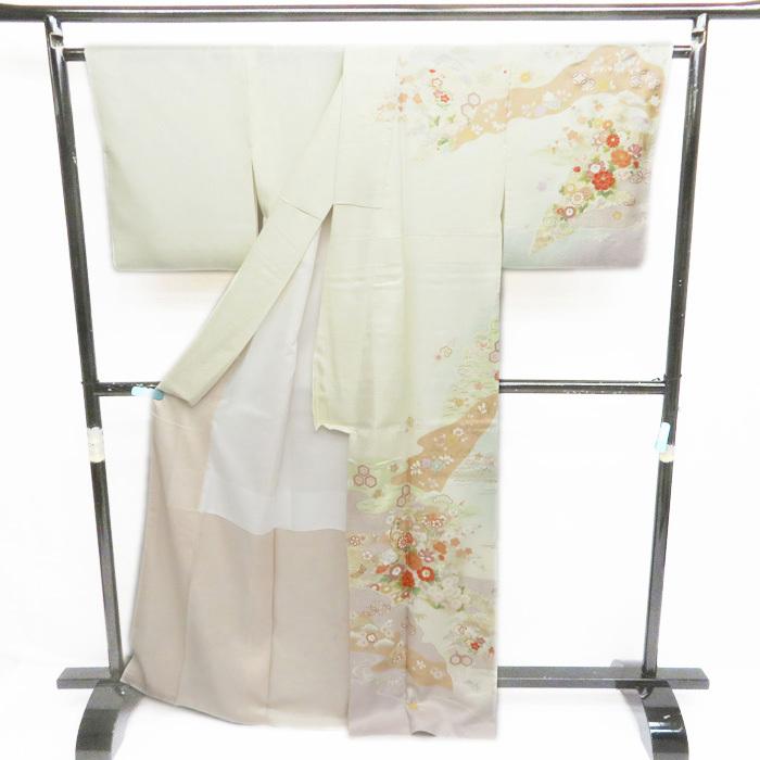 ★きもの北條★ 花の図　松竹梅　金駒刺繍　地模様　淑やかな和の装いに　トール　乳白色　桜色　訪問着　A695-8 L【新品】の画像